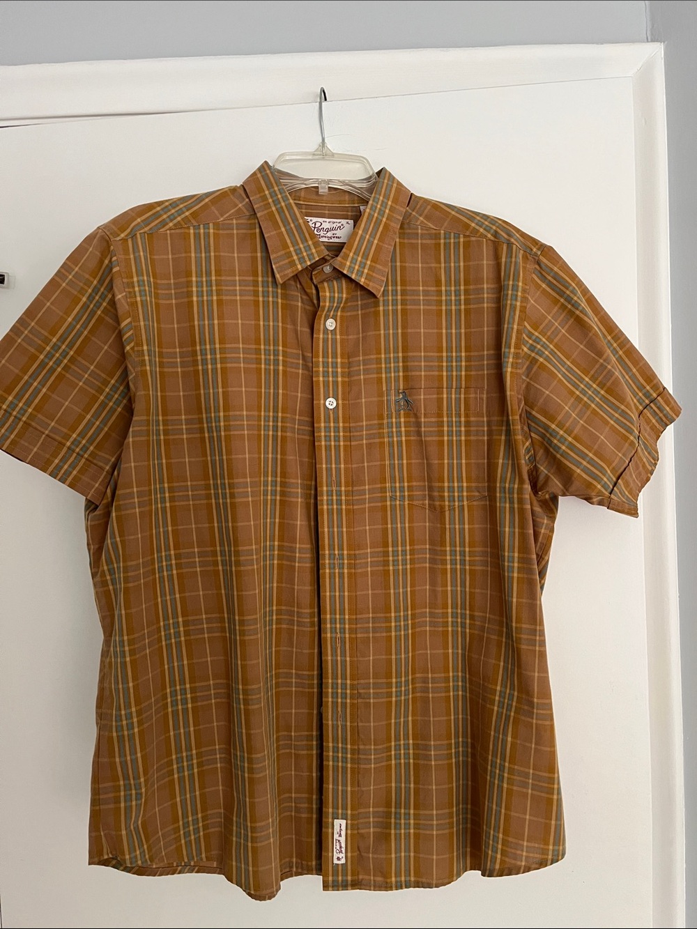 Original Penguin Short-Sleeve Plaid Button-Down in Gold Tones and Turquoise XL